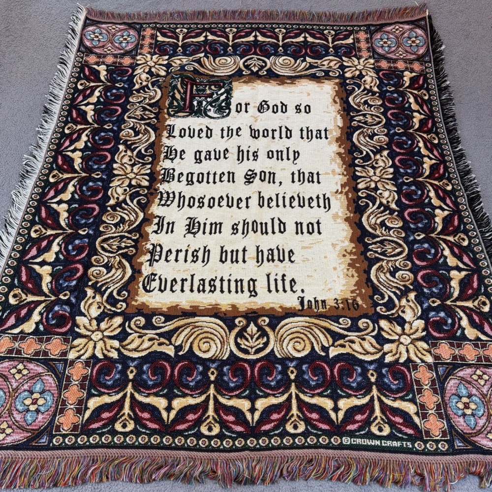 Crown Crafts John 3:16 Woven Tapestry Throw Blanket Christian Scripture Fringe